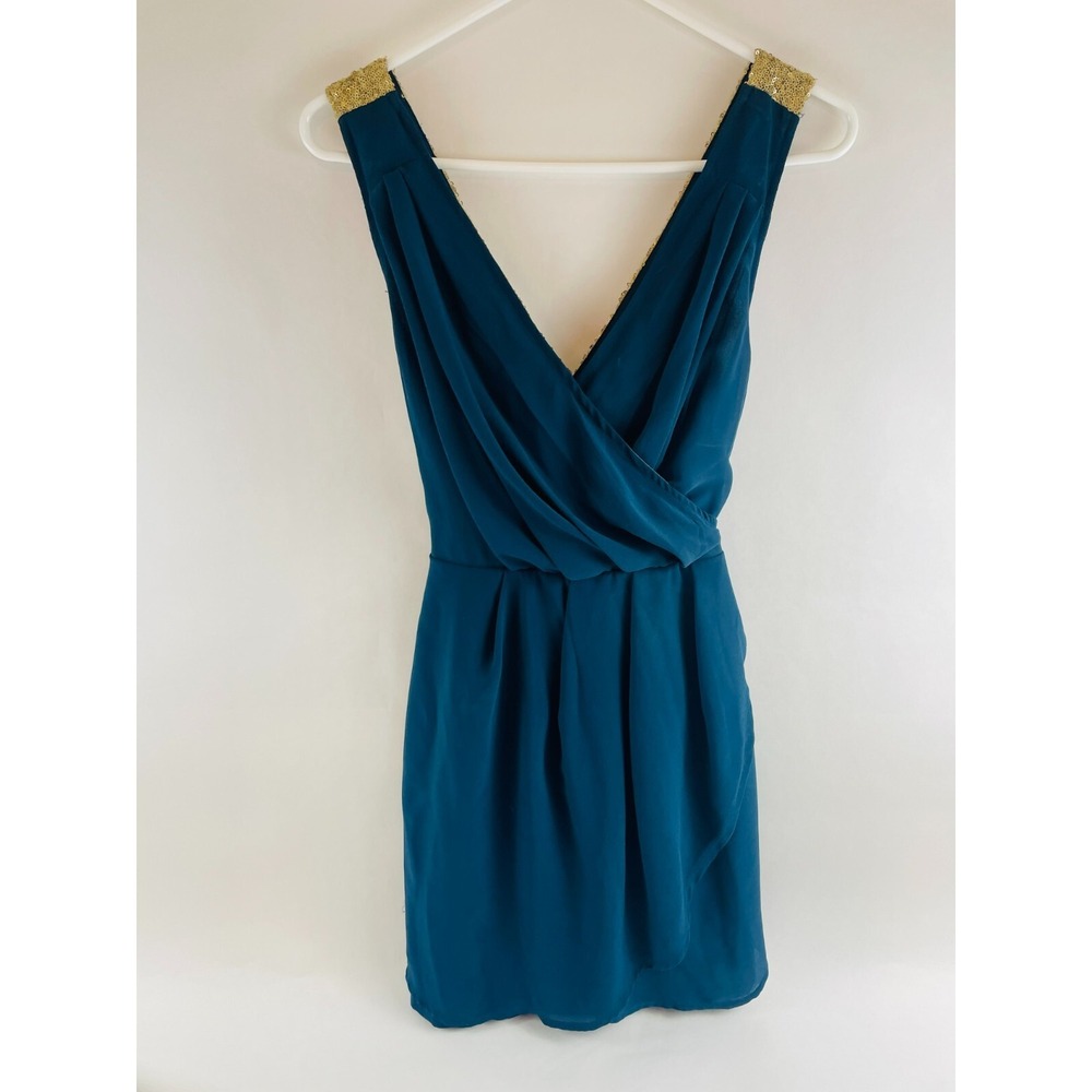 CALS Cocktail Dress Women's Size L Teal Gold Sequin *Above the Knee* Cross Back